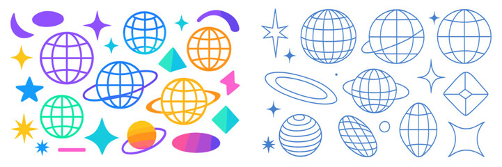 Poster - Colorful vector flat illustration of global symbols and shapes representing the cosmos and abstract designs for creative projects
