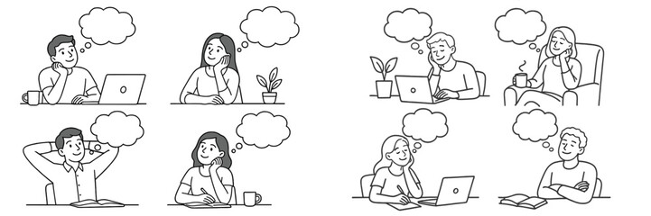 Aufkleber - Remote work activities illustrated through diverse characters engaged in thinking and productivity in a modern workspace