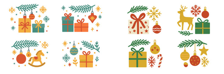 Aufkleber - Holiday themed vector flat illustration featuring festive gifts, ornaments, and decorations in a cheerful arrangement
