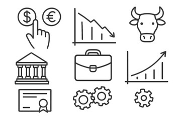 Poster - Financial and economic concepts illustrated in a flat vector style showcasing currency, markets, and business elements