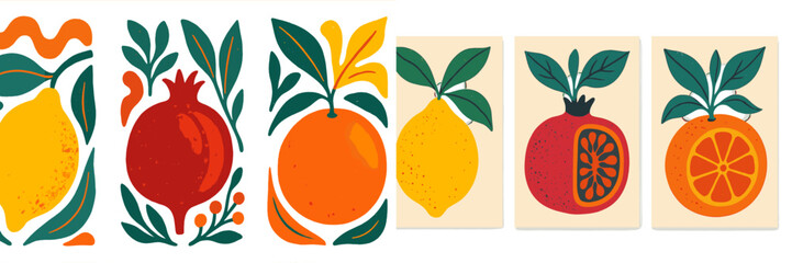 Poster - Vibrant vector flat illustration showcasing citrus fruits and pomegranate with leafy accents in a colorful design