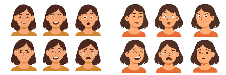 Poster - Expressions of a girl showing various emotions such as happiness, sadness, surprise, and anger in a vector flat illustration