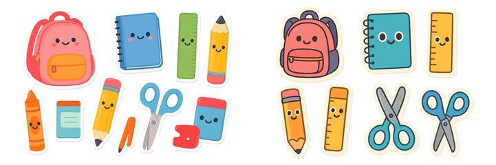 Poster - Colorful school supplies illustration featuring cheerful backpack, notebooks and writing tools on a white background