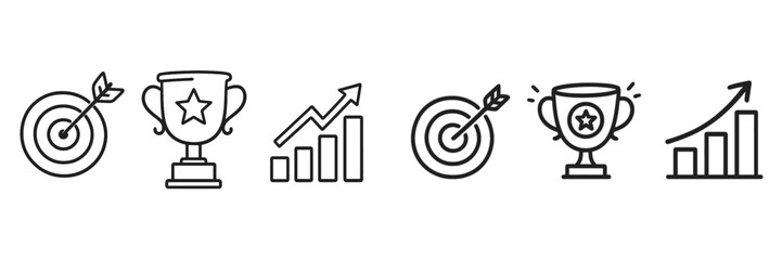 Poster - Various icons representing achievement, growth, and success in a minimalist design with arrows, trophies, and graphs