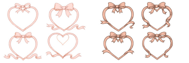 Aufkleber - Decorative heart frames with bows in a soft pink color for elegant designs