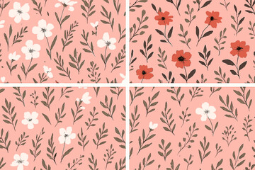 Poster - Floral patterns in soft pink featuring white and red flowers with green leaves in a modern design style
