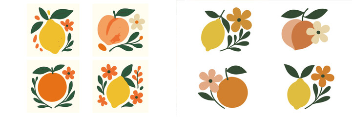 Poster - Modern floral illustrations featuring fruits like lemons, oranges, and peaches with vibrant colors and simple designs