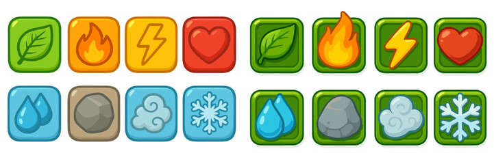 Aufkleber - Colorful nature and element icons arranged in a grid representing various concepts such as fire, water, and life