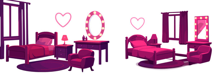 Poster - Stylish twin bedrooms with vibrant pink decor featuring love-themed accents and cozy furniture