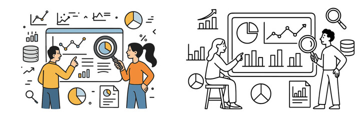 Aufkleber - Two individuals analyzing data on screens with graphs, charts, and statistics in a modern office setting
