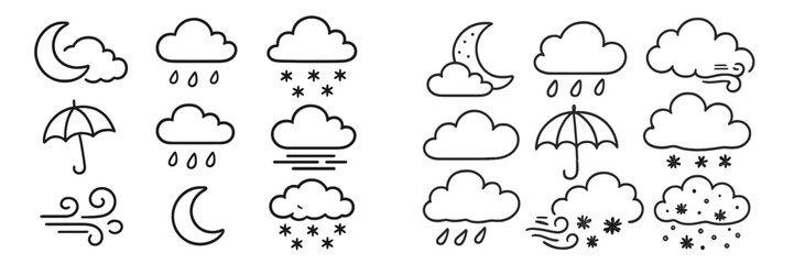 Poster - Various weather symbols representing rain, snow, wind, and clouds in simple line art style suitable for educational use
