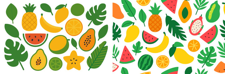 Poster - Variety of colorful fruits and leaves arranged artistically on a white background
