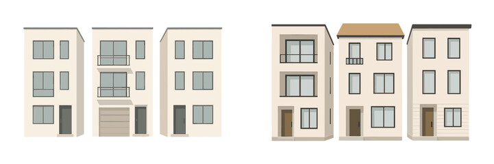 Aufkleber - Modern flat vector illustration of urban apartment buildings showcasing different architectural styles and designs in a city setting