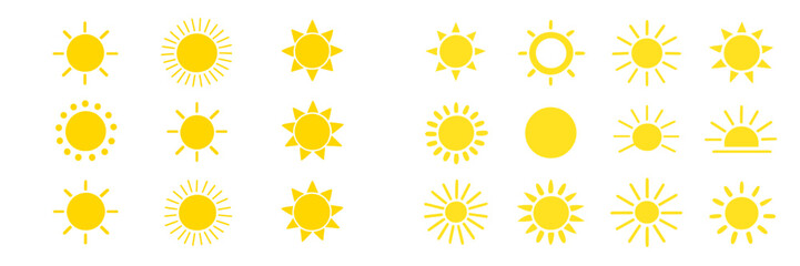 Poster - Vector flat illustration of various sun designs showcasing different styles and states of sunlight throughout the day