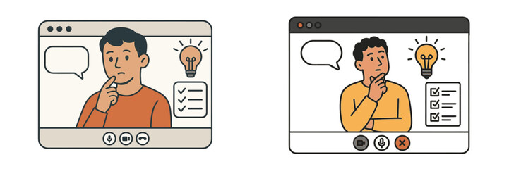 Poster - Thinking process and idea generation in a digital meeting setting with brainstorming elements illustrated creatively