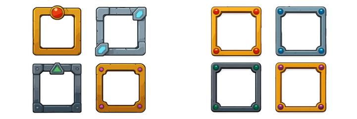 Poster - Unique vector flat illustrations of decorative frames in various shapes and colors arranged in a grid format, ideal for design projects