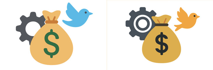 Poster - Vector flat illustration depicting money bags, gears, and birds symbolizing finance and technology interaction in a creative business context