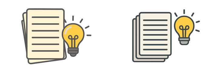 Poster - Vector flat illustration of a light bulb next to stack of papers highlighting ideas and creativity in a productive workspace