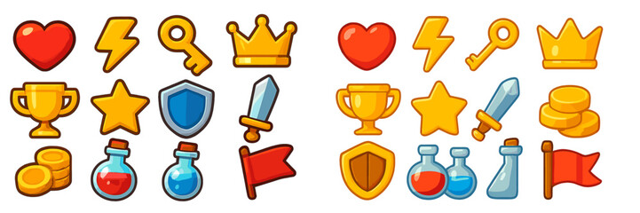 Poster - Colorful vector flat illustration of game assets featuring hearts, crowns, swords, and various icons for a fantasy adventure theme