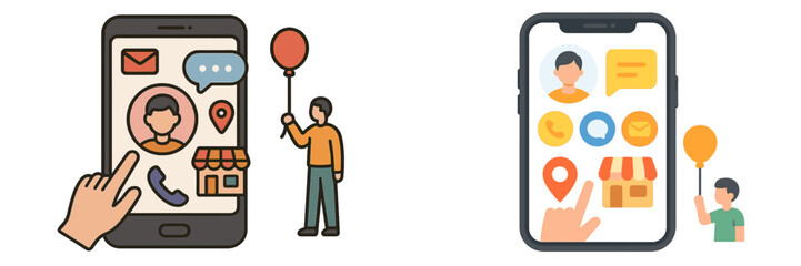Poster - Vector illustration showing a person interacting with a mobile device displaying various communication options and a local business