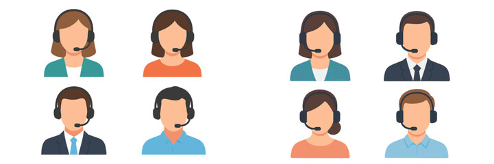 Poster - Flat vector illustration of diverse customer service representatives in a call center setting with headsets