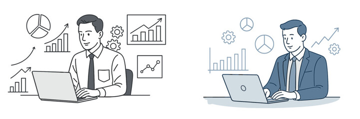 Aufkleber - Businessman analyzing data with charts in two different work environments and attire