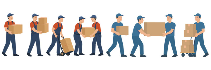 Aufkleber - Delivery workers conducting various activities with packages in a warehouse setting during the day