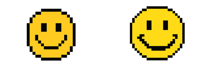 Poster - Vector flat illustration of two pixel art smiley faces representing happiness and positivity in digital design