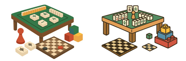 Poster - Vector flat illustration of traditional board games with pieces and colorful cubes on tables in a casual indoor setting