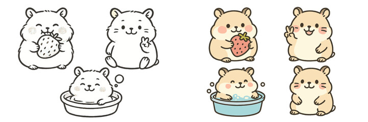 Poster - Cute hamsters enjoying strawberries and bath time in a delightful vector flat illustration