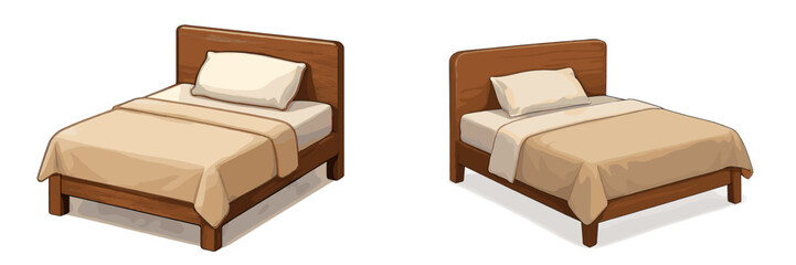 Poster - Flat vector illustration of two wooden beds with beige bedding in a minimalistic style