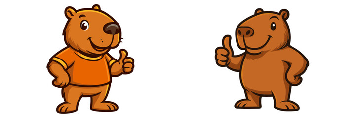 Poster - Cartoon bears cheering with thumbs up, showcasing joyful expressions in a vibrant vector flat illustration