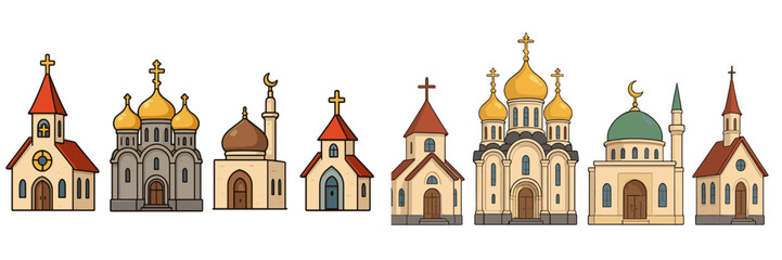 Poster - Diverse architectural styles of religious buildings in a flat vector illustration showcasing various designs