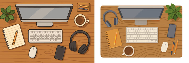 Poster - Vector flat illustration of a dual workspace setup featuring modern technology and stationery items