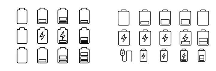 Poster - Different battery icons showcasing various charge levels and symbols for charging status, ideal for design projects