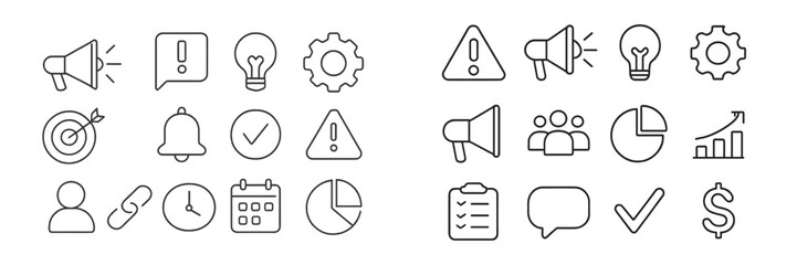Poster - Vector flat illustration of various business and communication icons highlighting alerts, productivity tools, and teamwork in a modern workspace