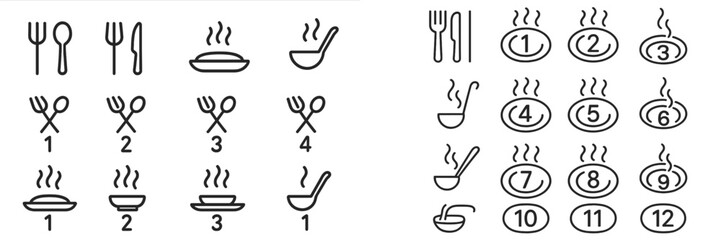 Aufkleber - Vector flat illustration of various dining utensils and steaming dishes arranged in a grid format