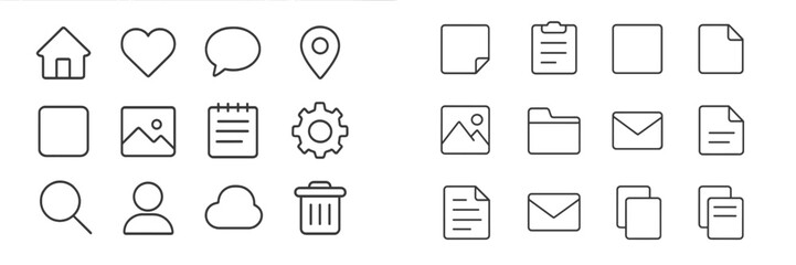 Aufkleber - Vector flat illustration showcasing various icons including home, heart, location, folder, and documents in a minimalist style