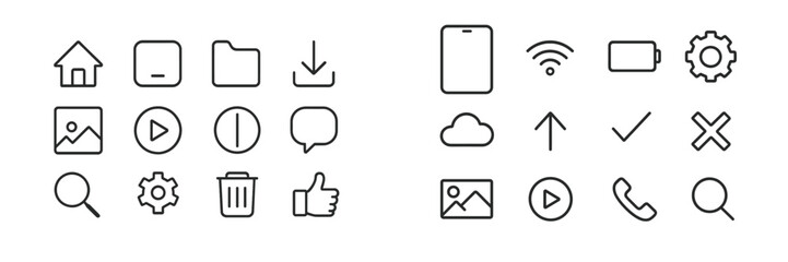 Poster - Vector flat illustration of various user interface icons arranged in rows showcasing common symbols for navigation and interaction