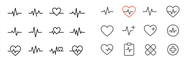 Aufkleber - Heartbeat vector flat illustration featuring various heart symbols and medical icons in a simple layout