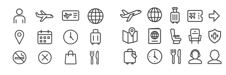 Poster - Travel related vector flat illustration featuring icons of transportation, luggage, and itinerary planning elements