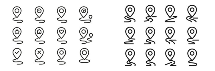 Aufkleber - Multiple vector flat illustrations of location pins, showcasing various symbols and designs for navigation and mapping