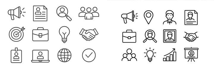 Poster - Vector flat illustration of business concepts showcasing teamwork, profiles, targeting, and communication in a corporate environment