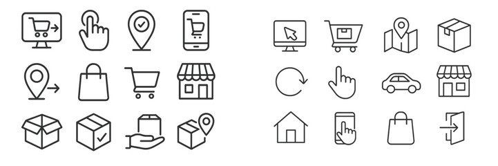 Poster - Vector flat illustration of online shopping elements with icons representing cart, delivery, and location services for e-commerce