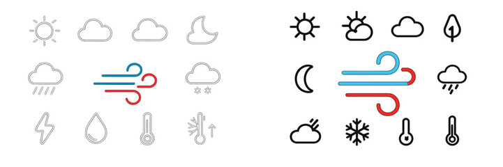 Poster - Vector flat illustration depicting weather symbols like sun, clouds, rain, and wind on a minimalistic background suitable for weather-related designs