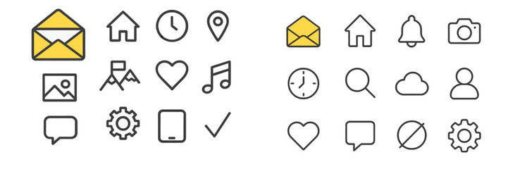 Poster - Vector flat illustration of various icons including envelope, home, location marker, and musical note