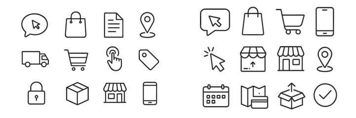 Poster - Vector flat illustration showcasing various shopping and online activity icons in a minimalist design style
