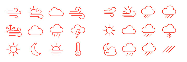 Poster - Weather symbols representation in flat vector illustration showcasing different atmospheric conditions and elements