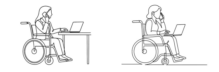 Aufkleber - Illustration of woman in wheelchair engaging in work on laptop while talking on phone