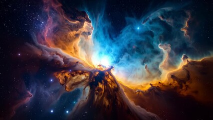 Wall Mural - Magnificent deep space nebula with luminous gases, dust clouds, and stellar formations in vibrant blue, orange, and cosmic colors.